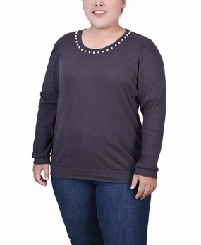 Plus Size Long Sleeve Ribbed Pearl Trimmed Top Anti Static Cloth Blend