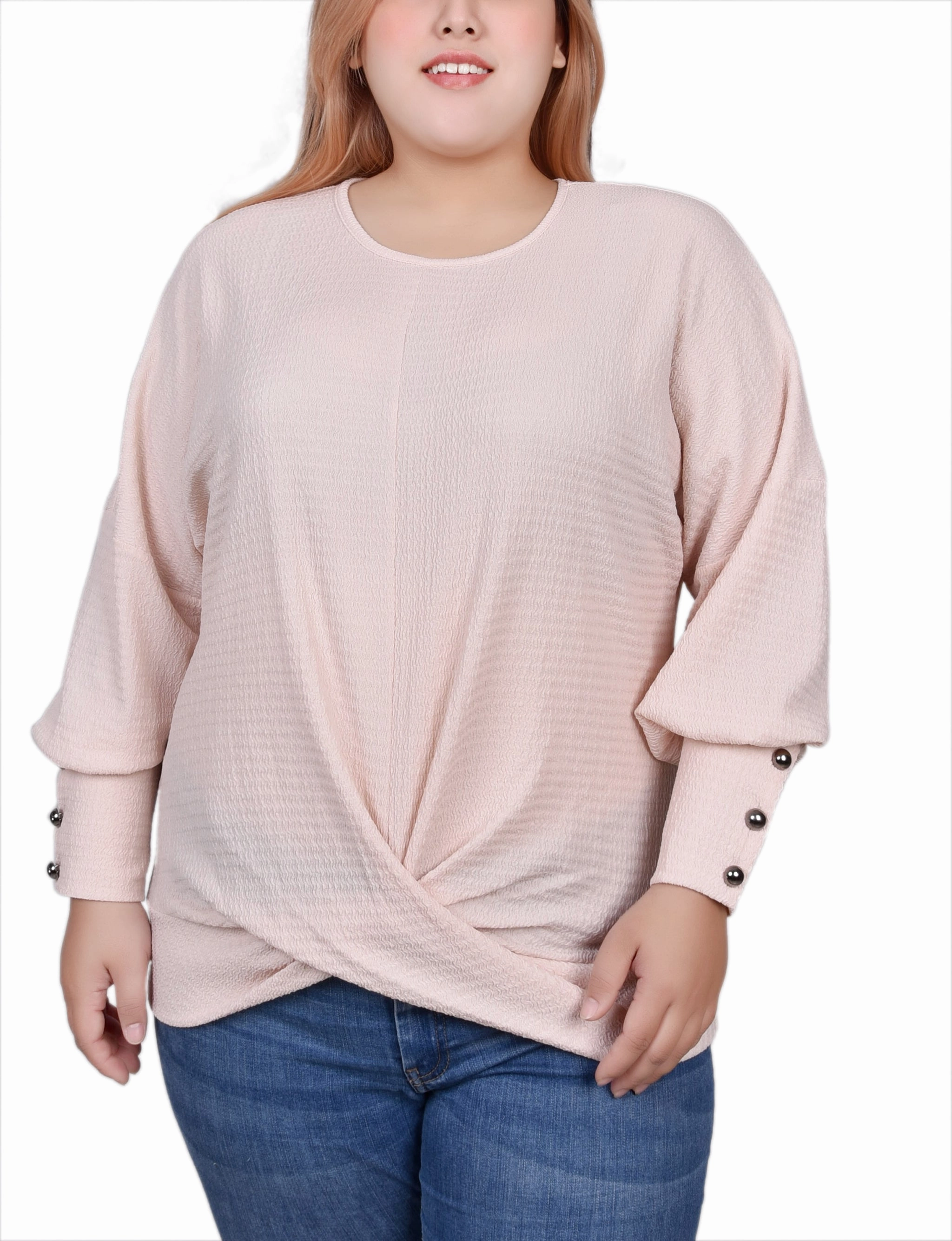 Plus Size Long Sleeve Textured Knit Top PuckerFree Surface