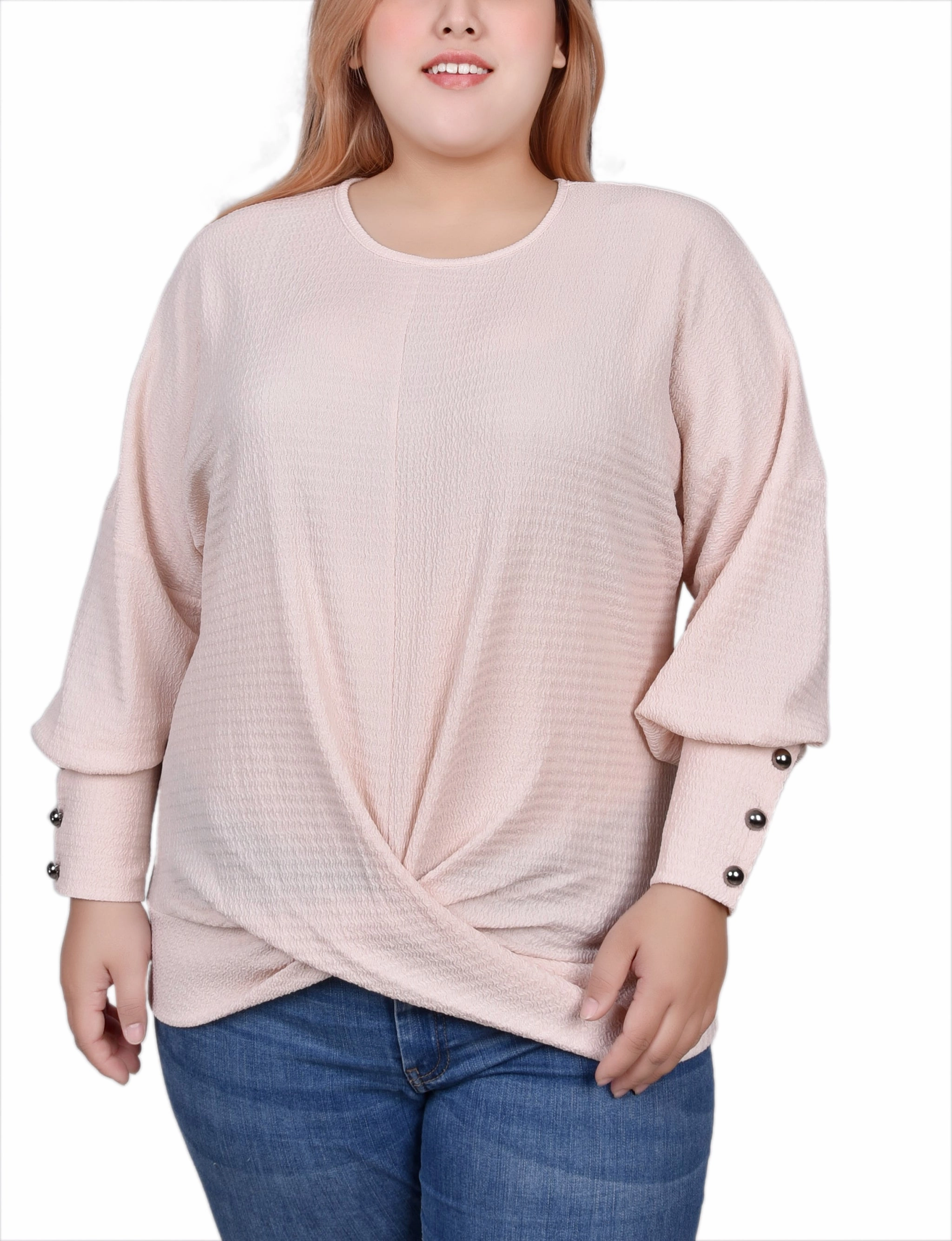 Plus Size Long Sleeve Textured Knit Top Wrinkle Resistant Finish MeshLining