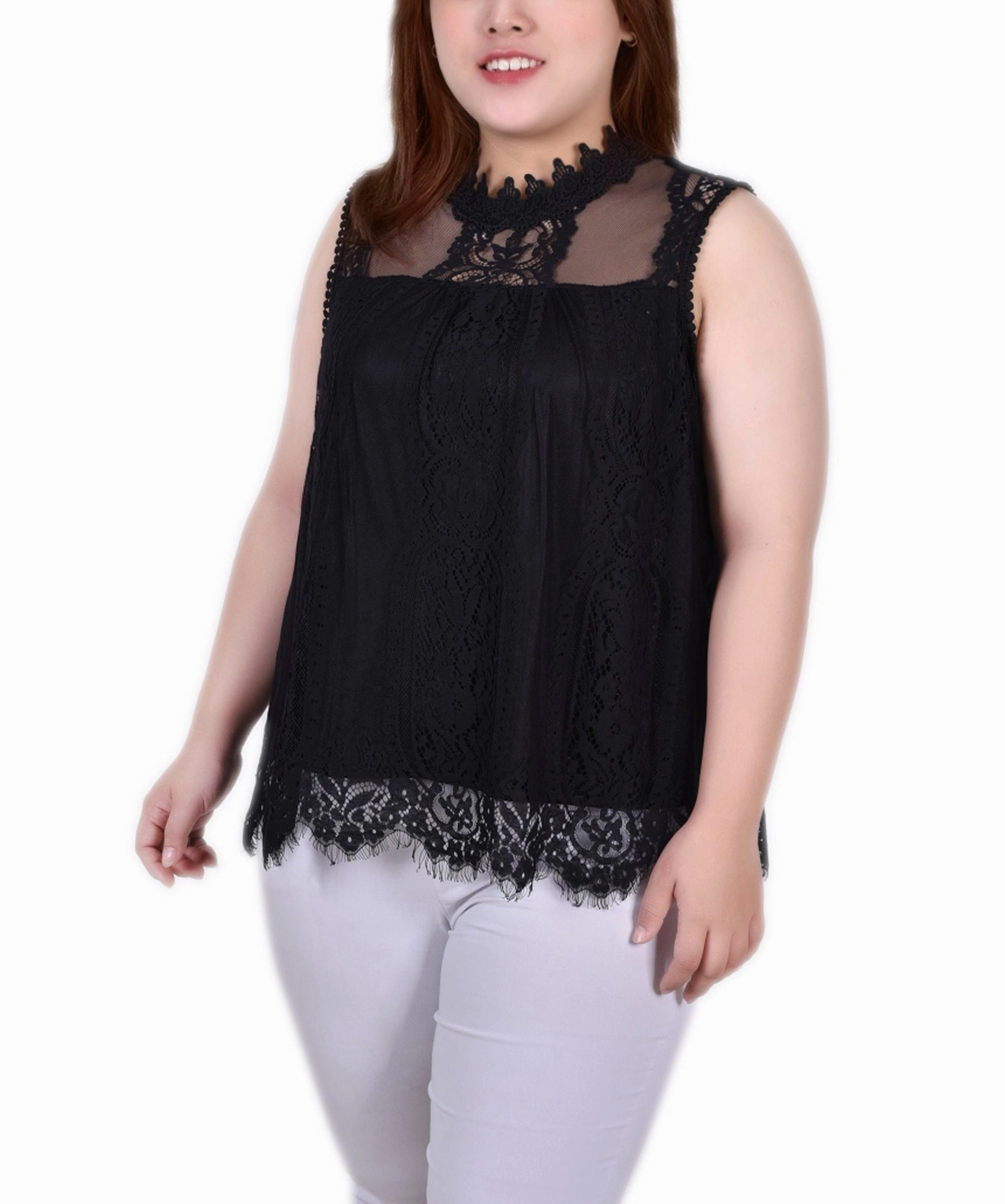 PreShrunkFabric Plus Size Sleeveless Mock Neck Lace Top