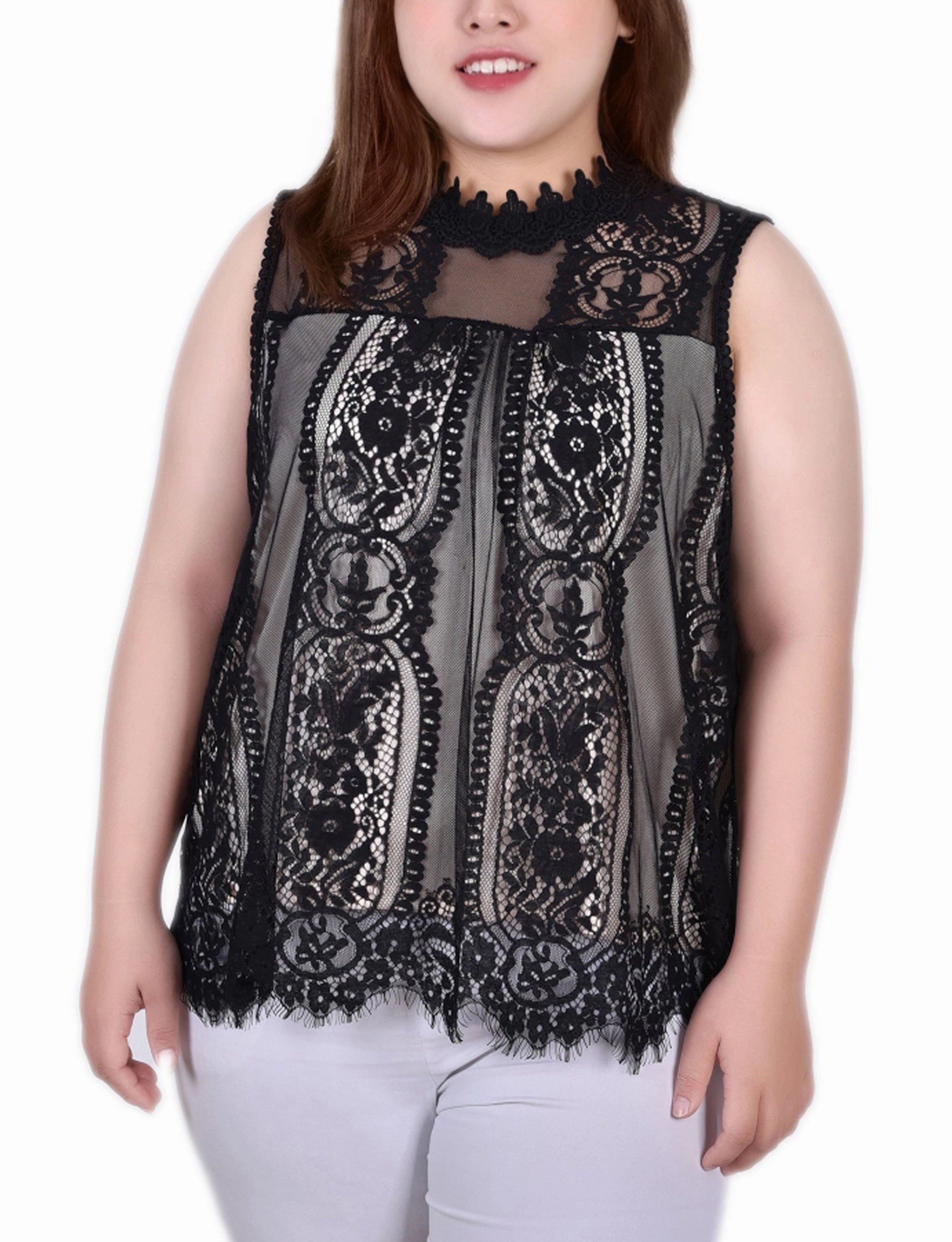 Odor Resistant Fabric Plus Size Sleeveless Mock Neck Lace Top