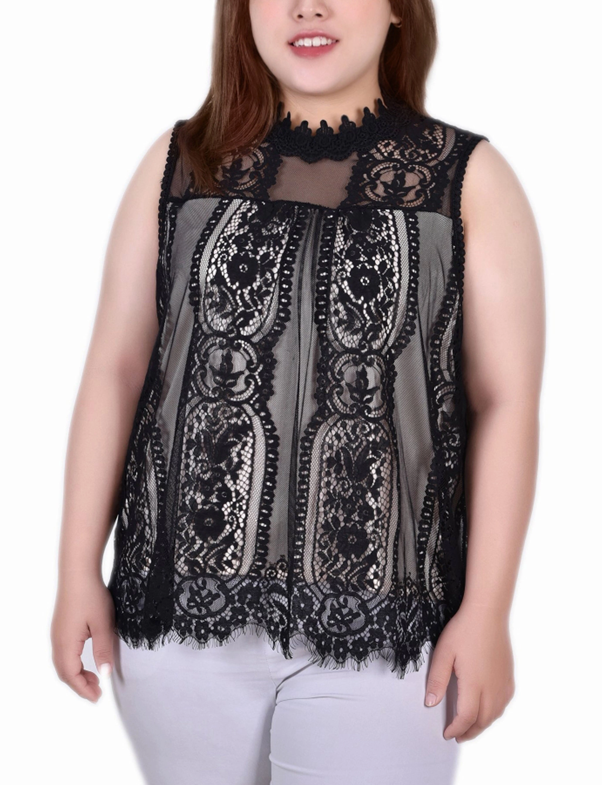 Multi Pocket Functional Design FadeResistant Finish Plus Size Sleeveless Mock Neck Lace Top