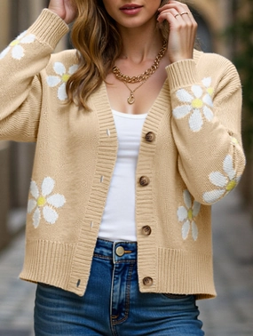 Comfortable Fabric Fall Floral Button Varsity Sweater Jacket