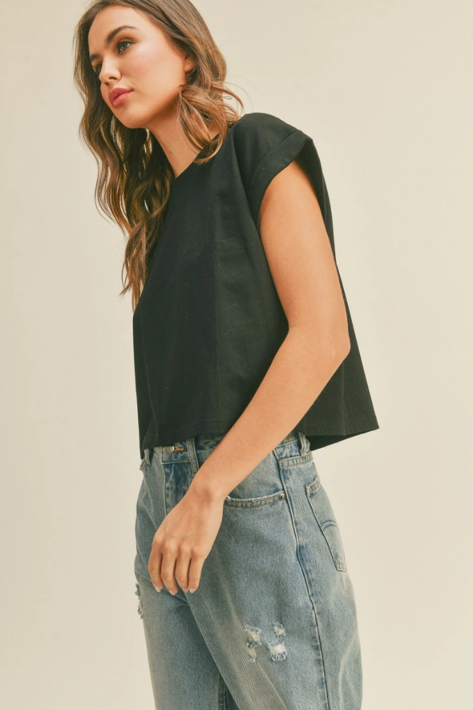 Stretch Woven Material Jade Cap Sleeve T Shirt in Black