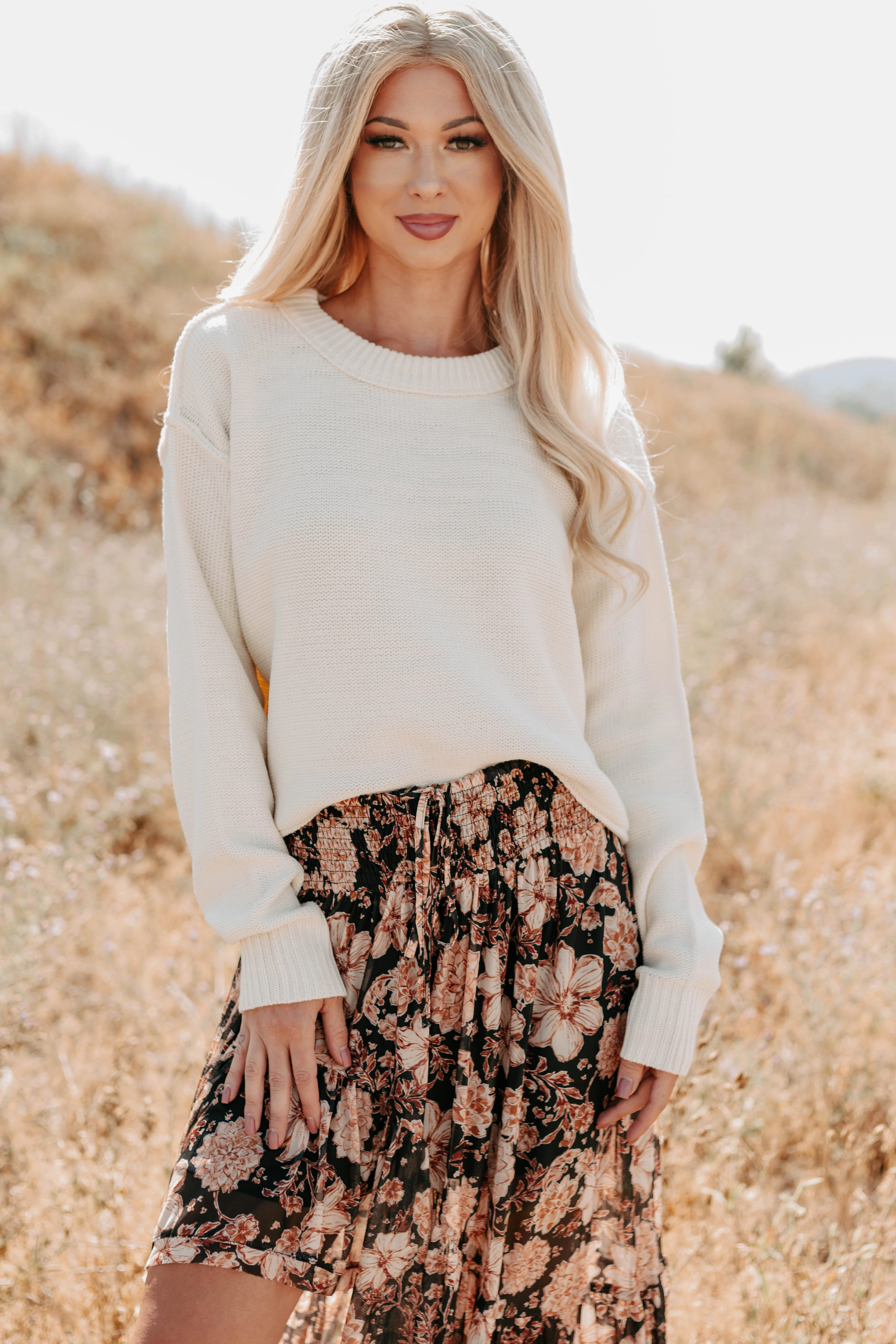 Durable Hem Stitching Weighted Hem Easy As Pie Cropped Oversized Knit Sweater (Cream)