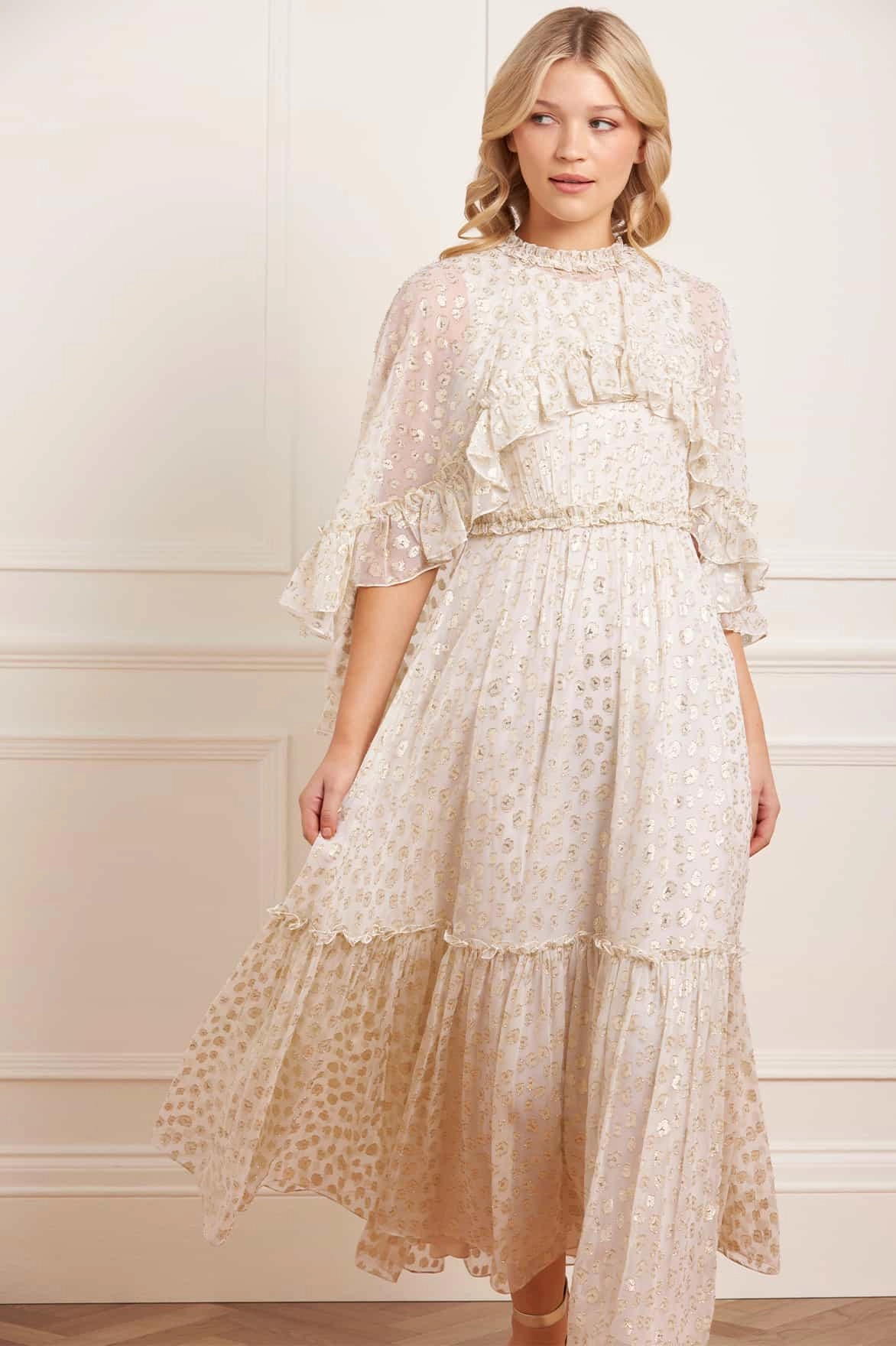 Long Sleeve Neutral Form Harper Lurex Cape Ankle Gown