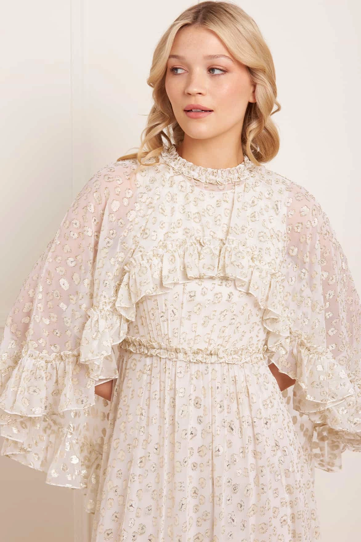 Harper Lurex Cape Ankle Gown Modest Light