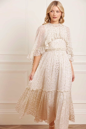 Long Sleeve Neutral Form Harper Lurex Cape Ankle Gown