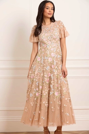 Antoinettes Floral Round Neck Ankle Gown Pure Tone