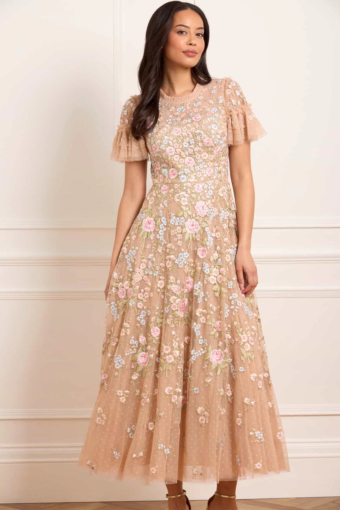 Antoinettes Floral Round Neck Ankle Gown Pure Tone