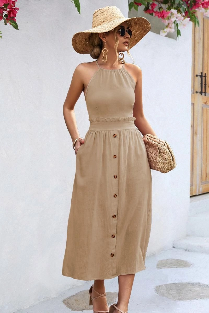 BUTTON DETAILED SKIRT WOMEN HALTER DRESS Layered Volume