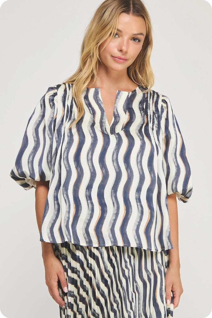 Noelle Wavy Stripe Top in Navy Cream Thermal Regulating Fabric