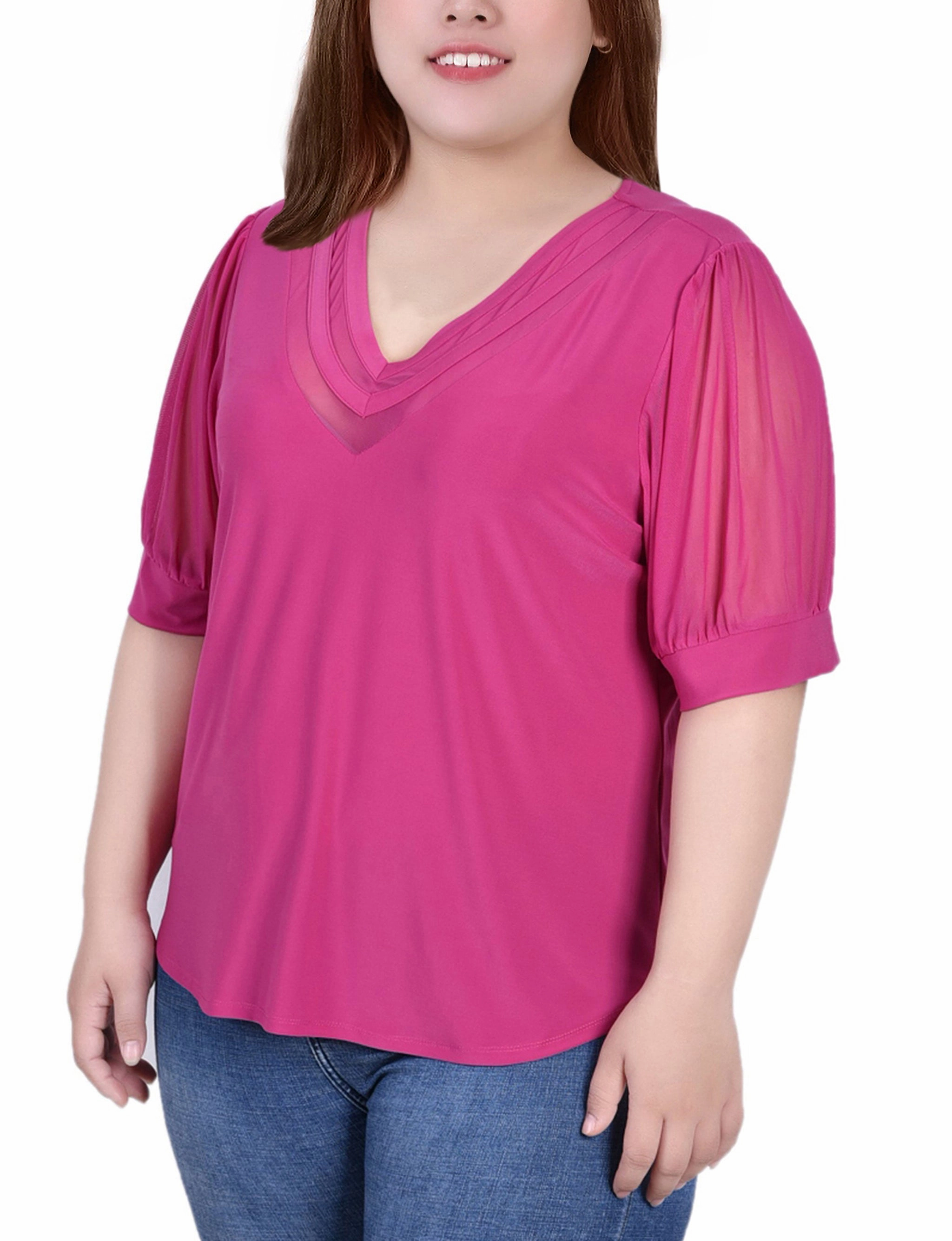 Chic Tee Plus Size Short Puff Sleeve V Neck Top