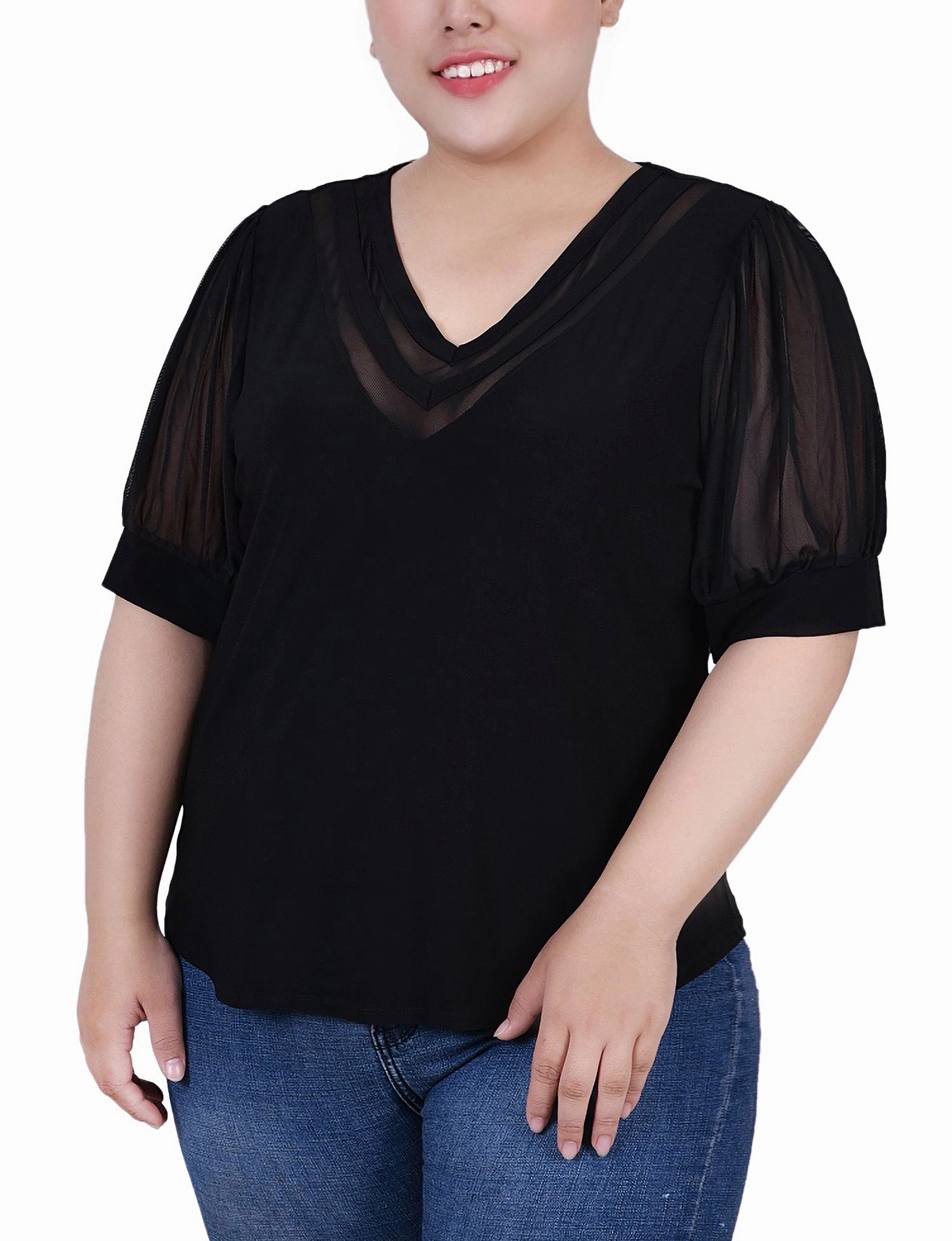 Outdoor Wear Plus Size Short Puff Sleeve V Neck Top