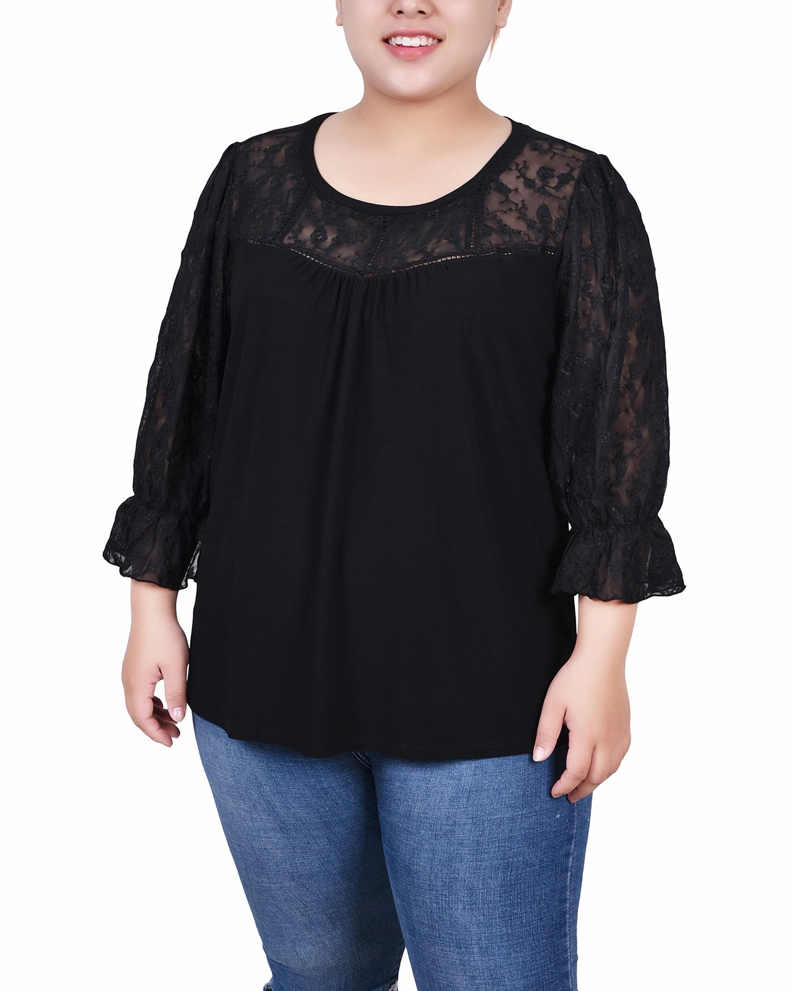 FrictionResistant Edges Plus Size 3/4 Sleeve Crepe Top With Embroidered Mesh Yoke And Sleeves
