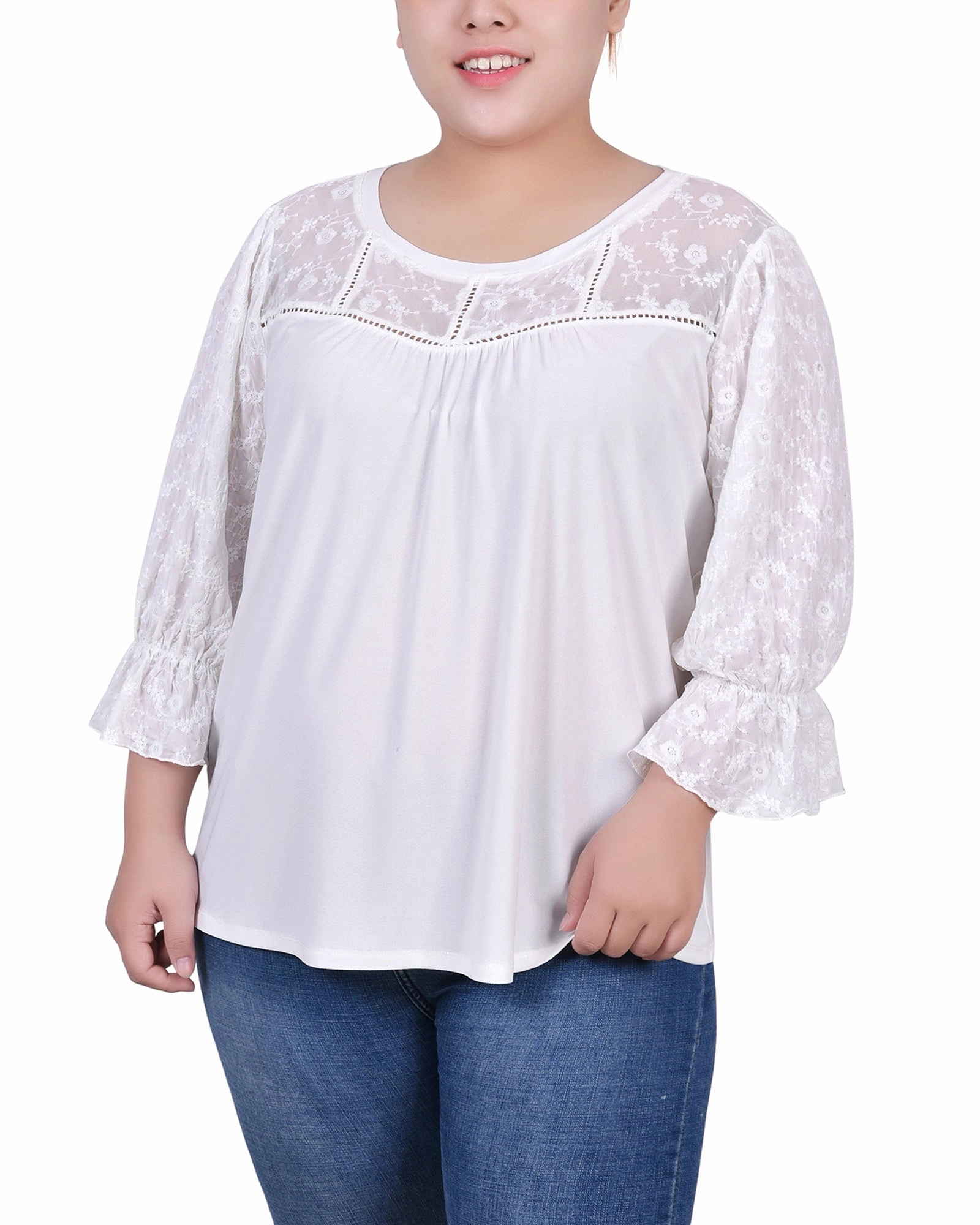 Plus Size 3/4 Sleeve Crepe Top With Embroidered Mesh Yoke And Sleeves Wear Resistant Fabric