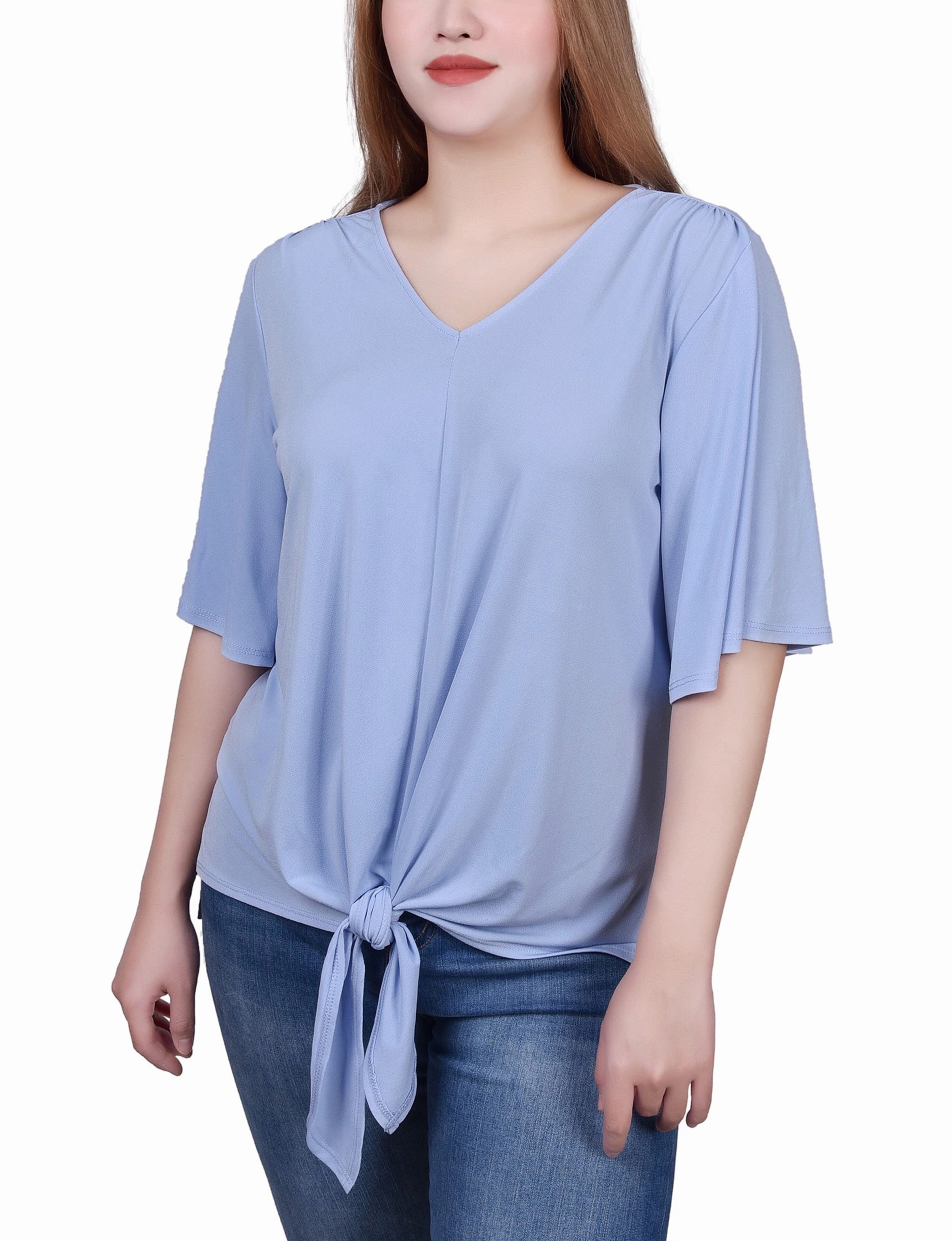 Elbow Sleeve Tie-Front Top Elegant Look Anti Microbial Lining