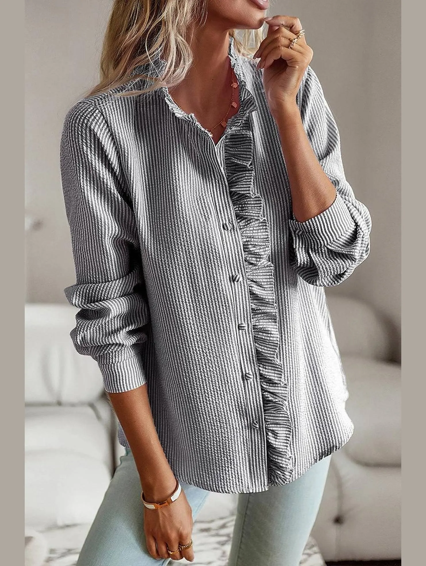 BUTTON UP LACE STRIPE SHIRT Adjustable Hem