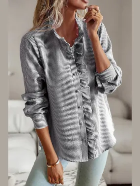 FlexibleLayeredConstruction ButterSoft Handfeel BUTTON UP LACE STRIPE SHIRT