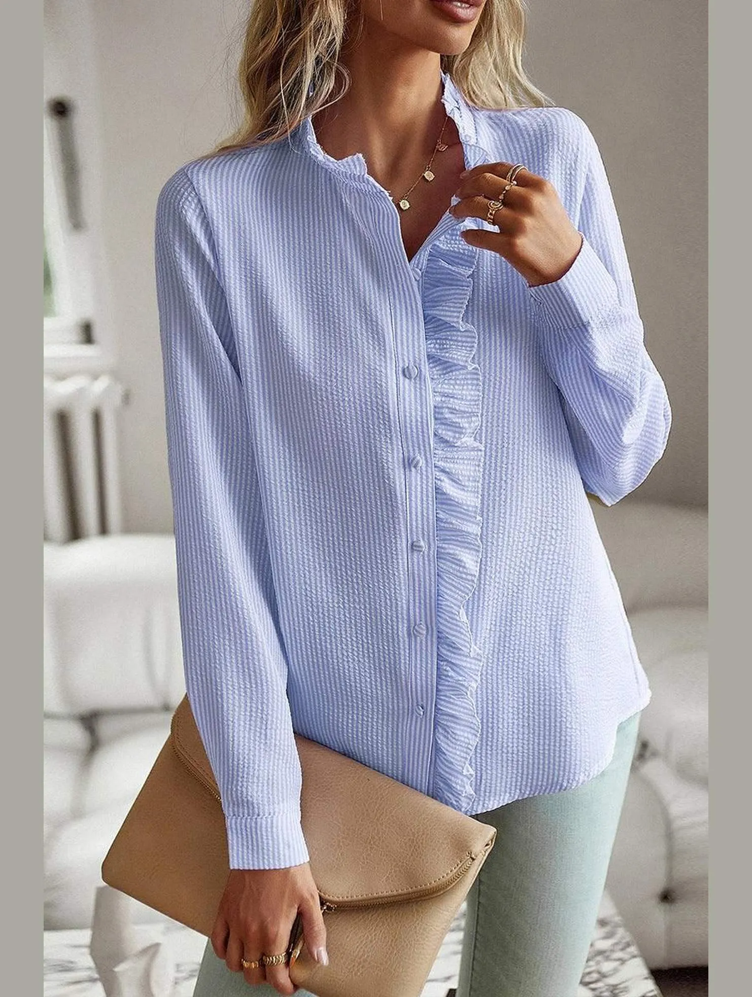 BUTTON UP LACE STRIPE SHIRT ElasticEdgeBinding