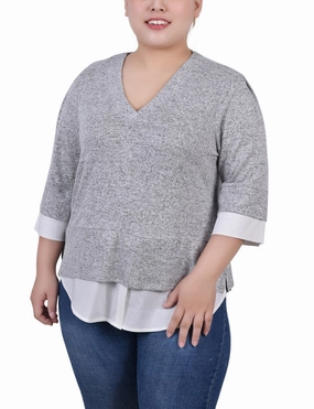 Hidden Button Placket ButterSoft Handfeel Plus Size Long Sleeve 2-In 1 Top