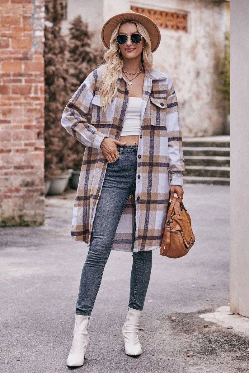 WOMEN CASUAL FLANNEL PLAID LONG BUTTON UP COAT DropShoulder