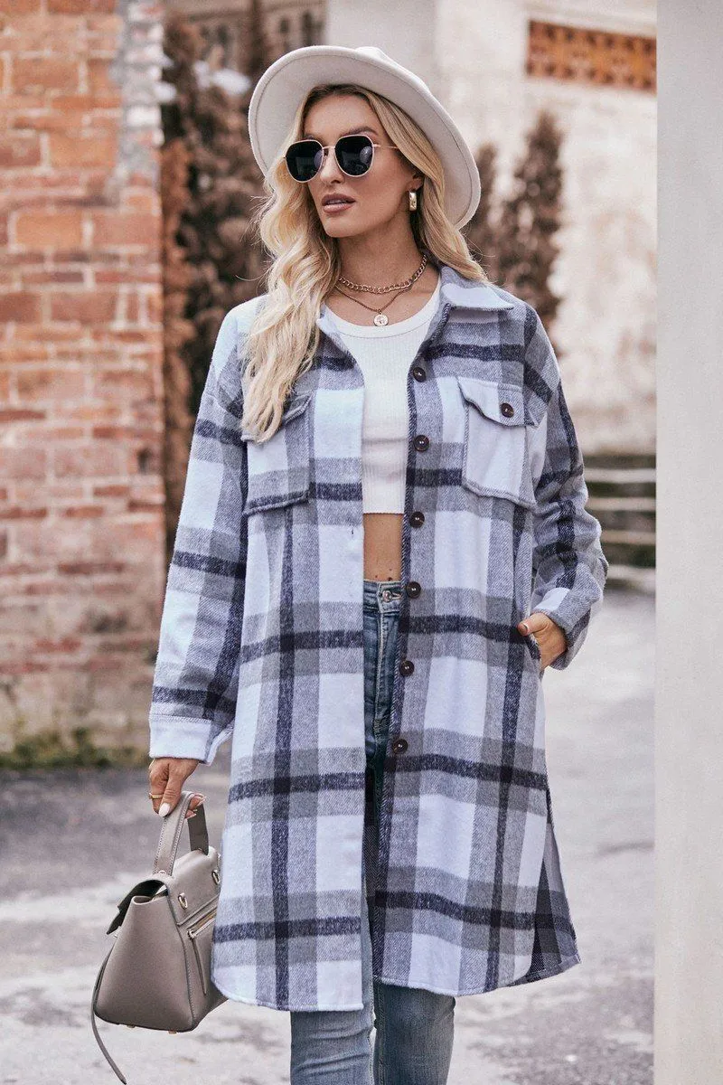 WOMEN CASUAL FLANNEL PLAID LONG BUTTON UP COAT Hydrophobic Threadwork