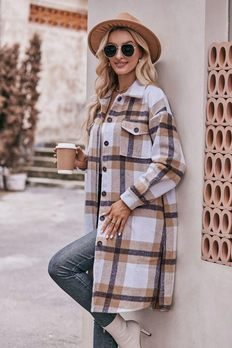 WOMEN CASUAL FLANNEL PLAID LONG BUTTON UP COAT Printed Hoodie FadeResistantTechnology