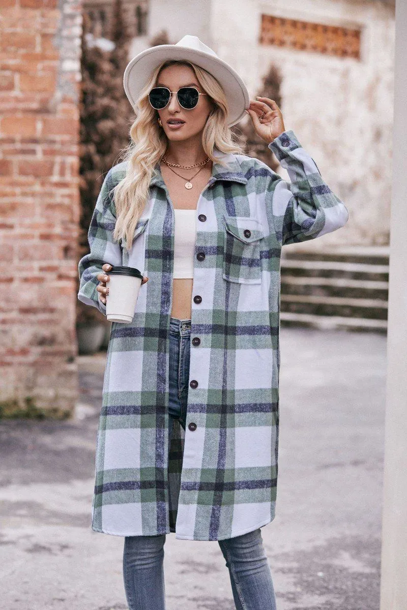 WOMEN CASUAL FLANNEL PLAID LONG BUTTON UP COAT Minimalist Silhouette Cut ZeroWastePattern