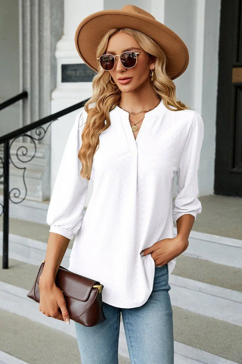WOMEN RIBBED 3/4 SLEEVE PATTERN STITCHED BLOUSE Summer Blouse