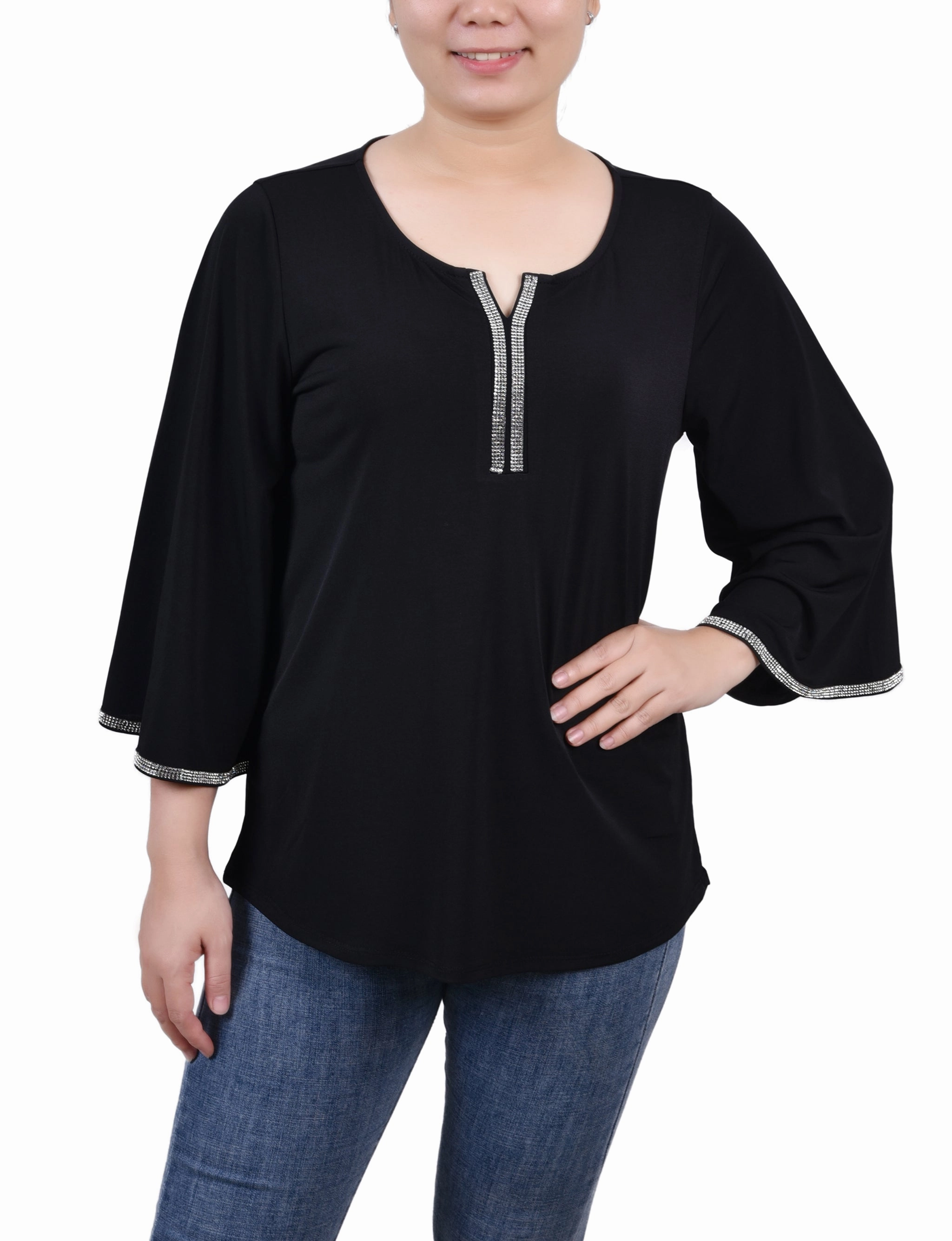Quick Dry Material Petite 3/4 Bell Sleeve Top With Stones