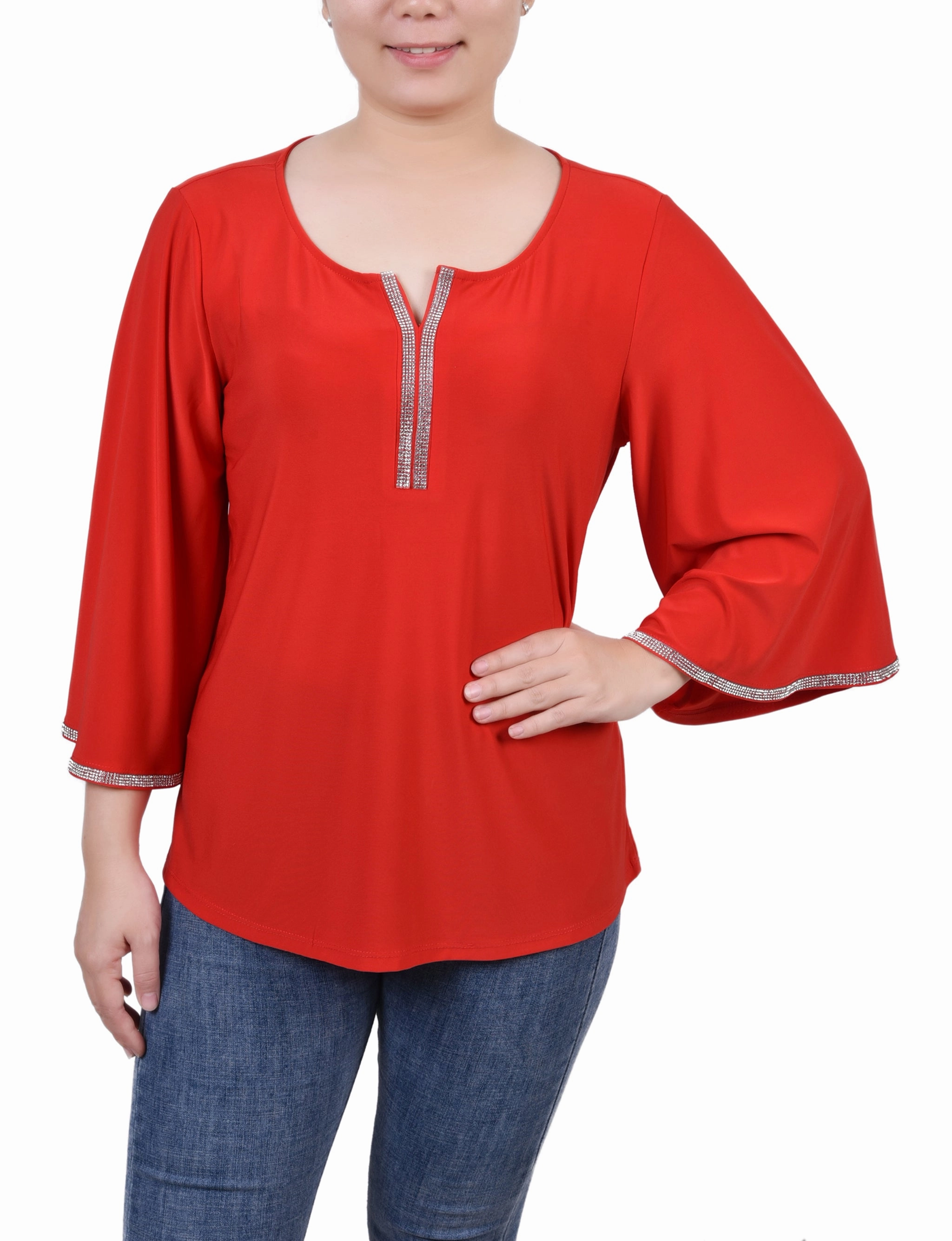 Petite 3/4 Bell Sleeve Top With Stones Oversized Silhouette Thermal Insulation Layer
