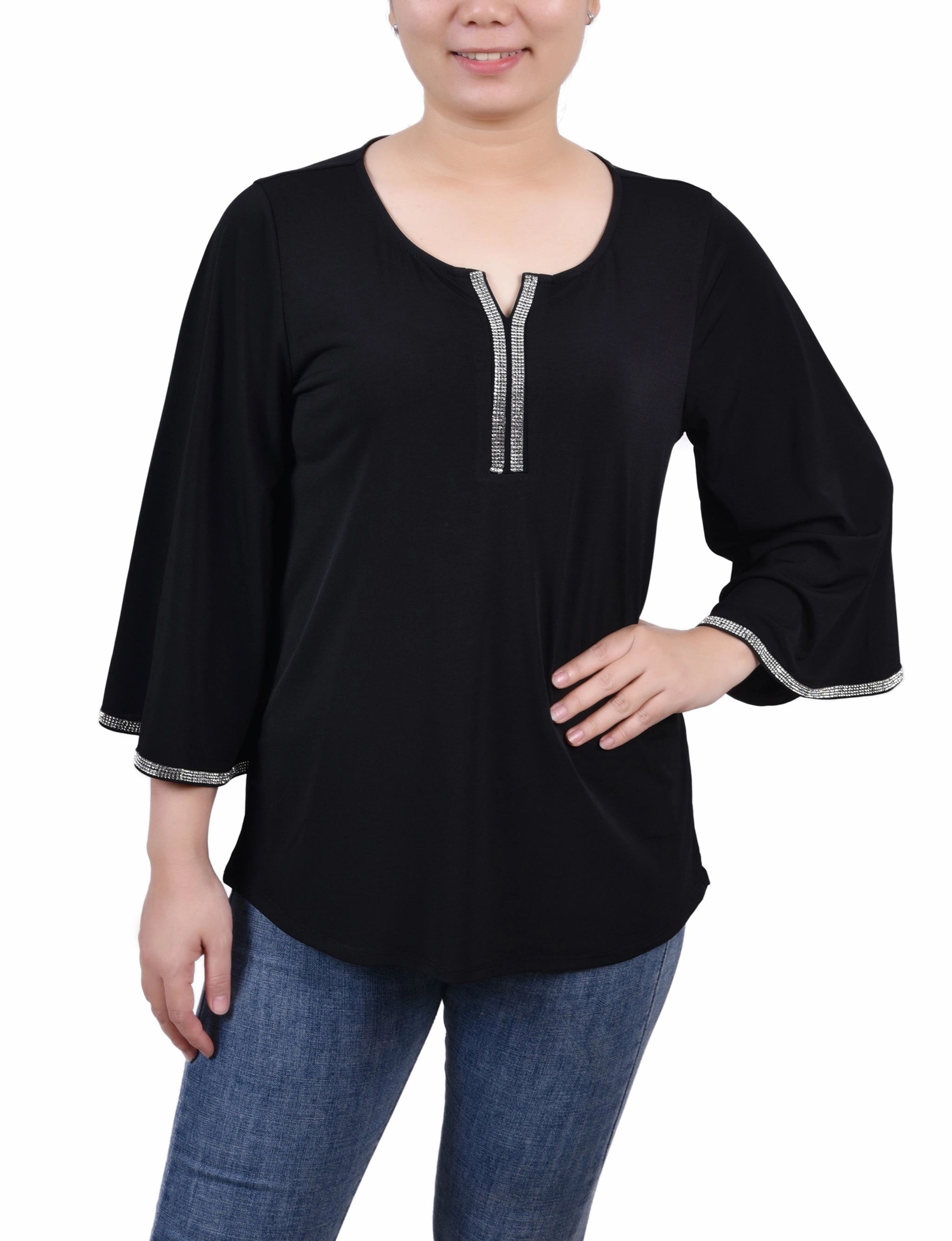 AntiStaticTreatment Petite 3/4 Bell Sleeve Top With Stones