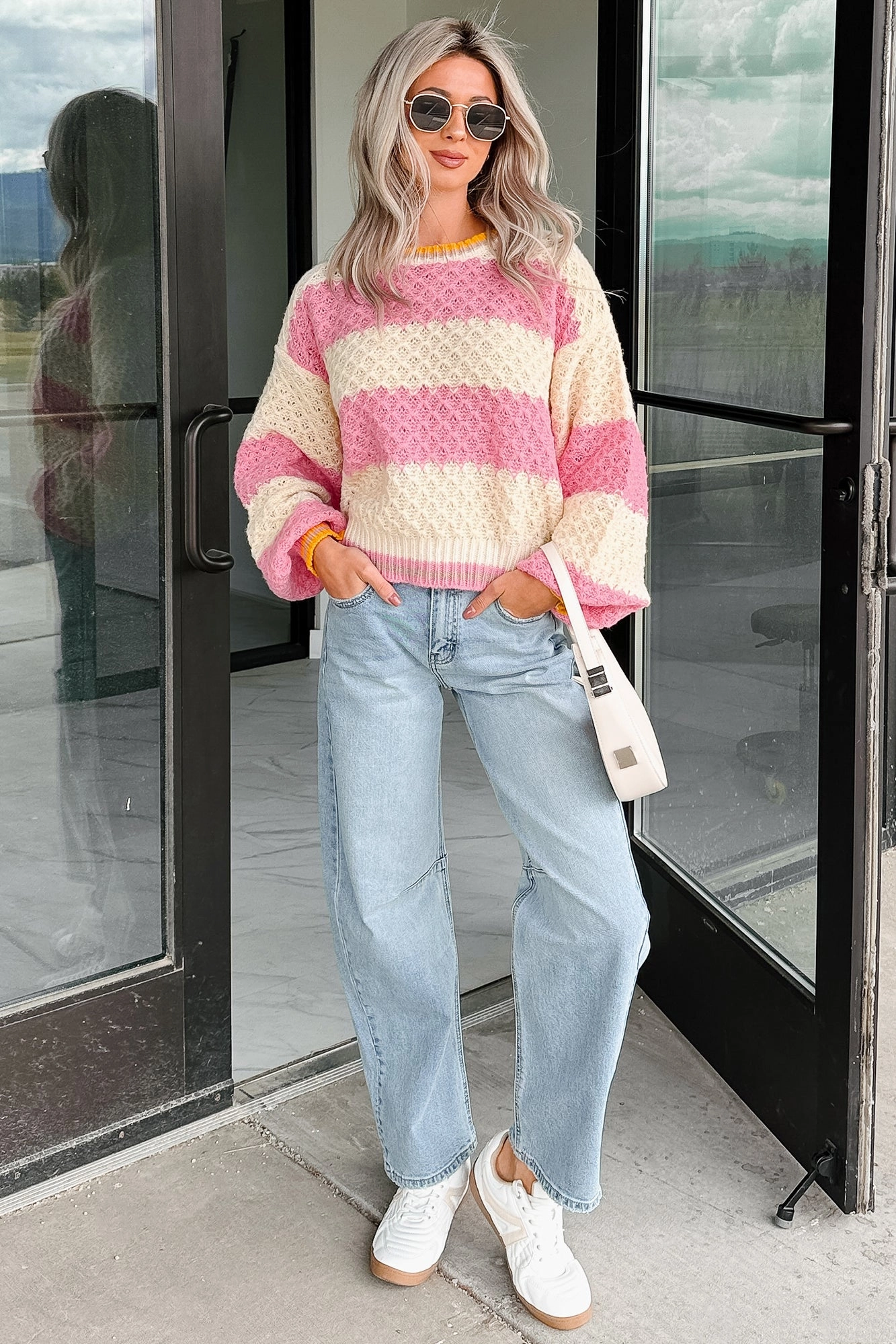 Warm Whispers Striped Crochet Knit POL Sweater (Pink) High Visibility Trim