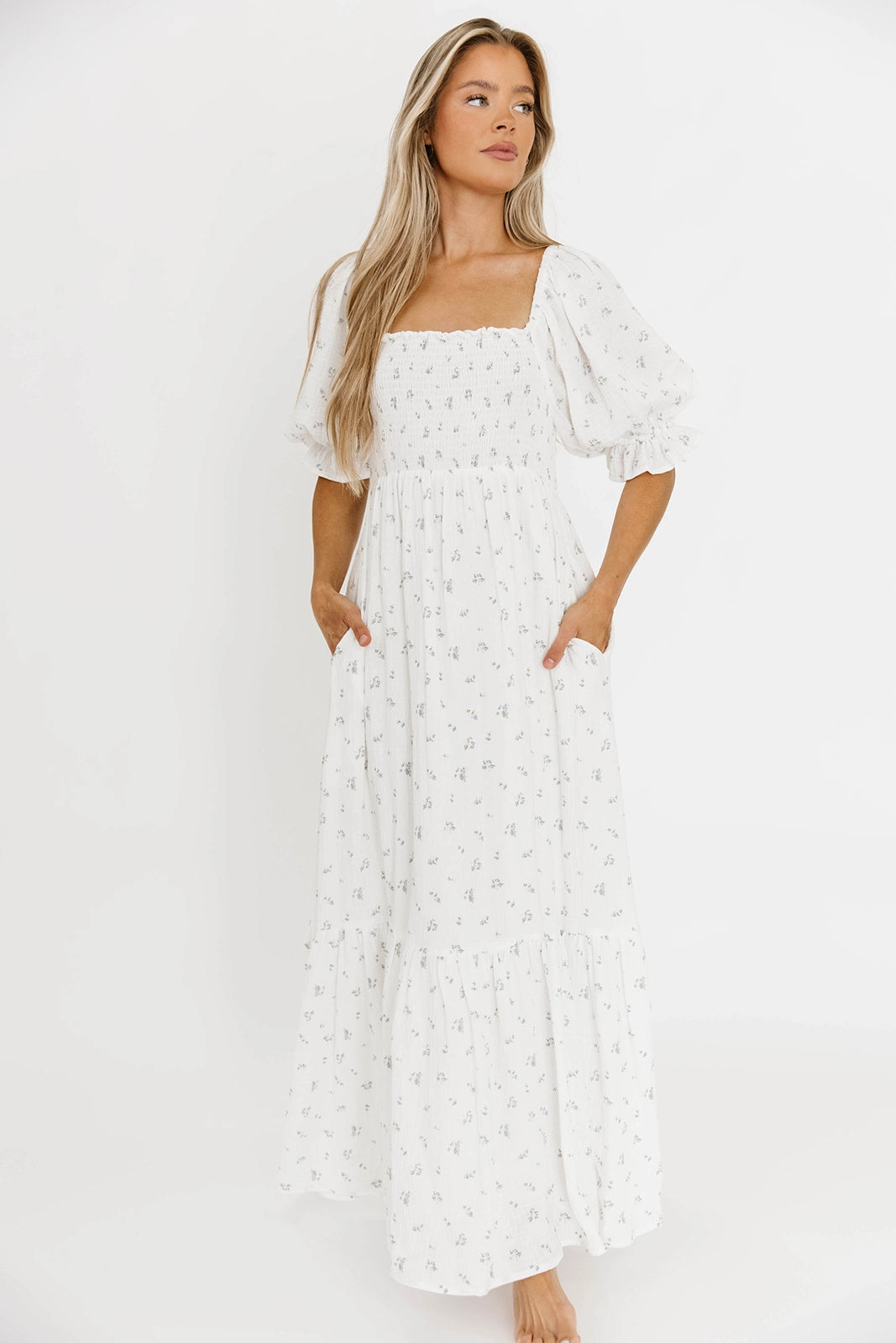 Livvy 100% Cotton Maxi Dress in Off-White / Blue Floral - Bump Friendly & Inclusive Sizing soft look