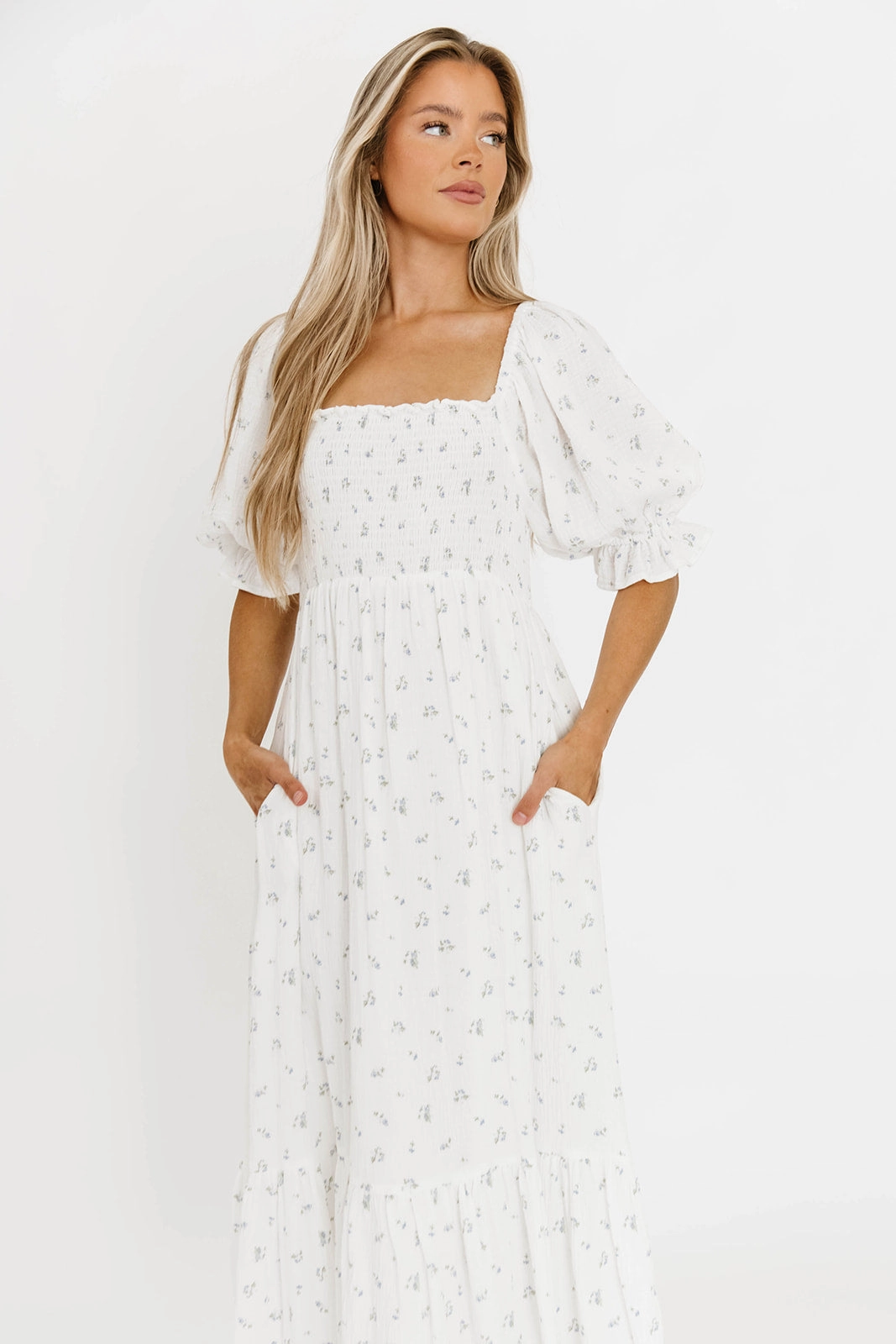 Livvy 100% Cotton Maxi Dress in Off-White / Blue Floral - Bump Friendly & Inclusive Sizing Natural Wrap Balanced Look