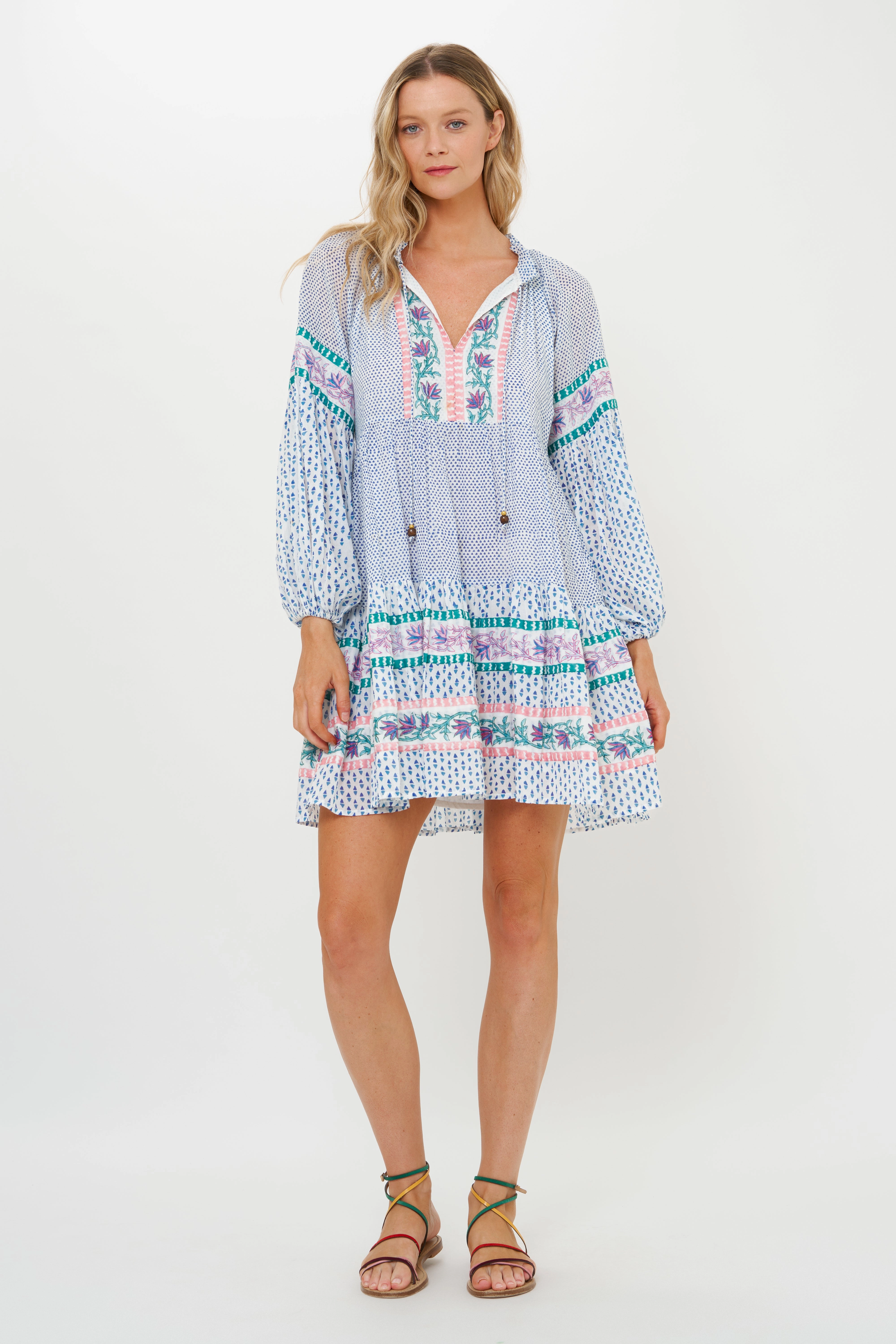 Balloon Sleeve Short Jungi Blue Dress Sheer-Overlay Cool Drape