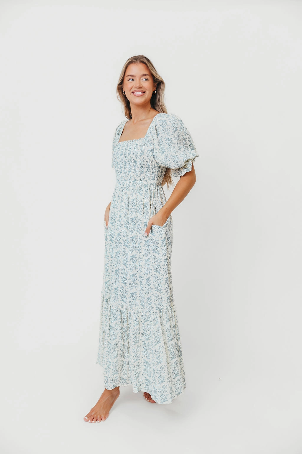 Livvy 100% Cotton Maxi Dress in Blue Foliage - Bump Friendly & Inclusive Sizing Romantic-Style Bust-Enhancing