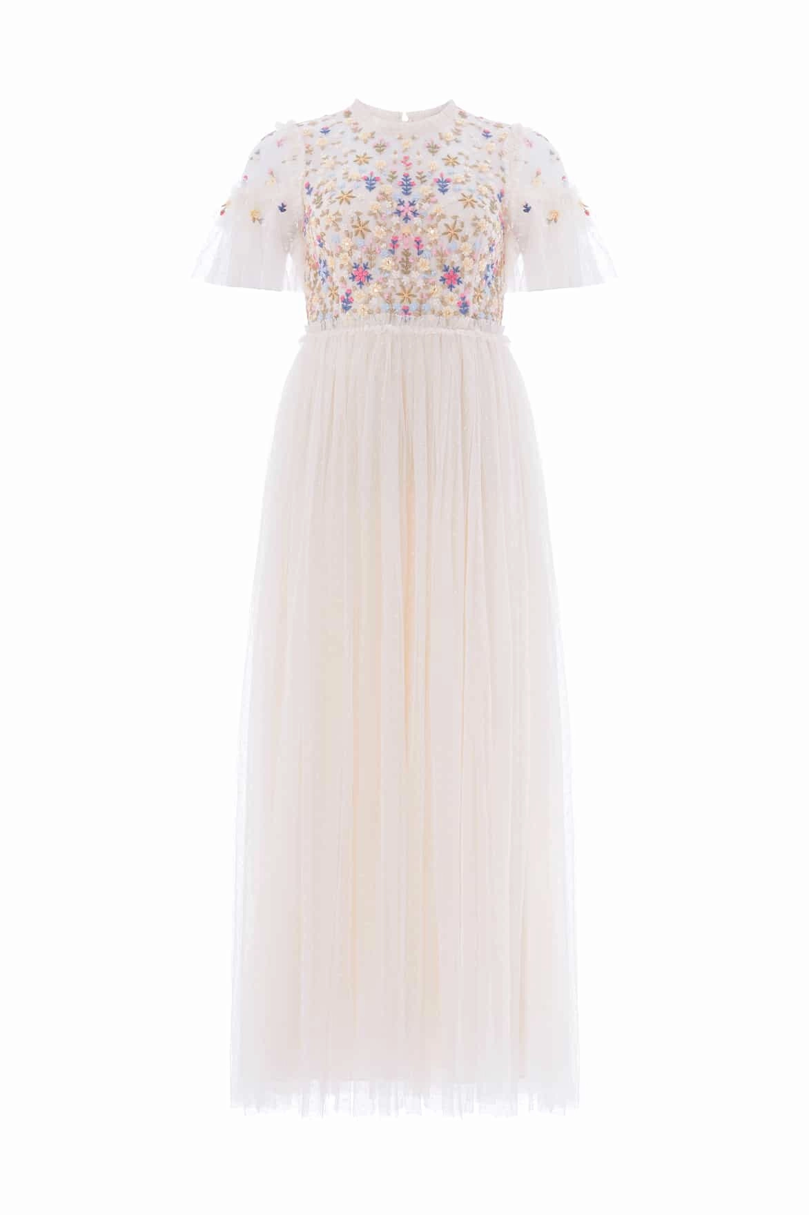 Underwire-Support Flowerbed Embroidery Bodice Round Neck Ankle Gown