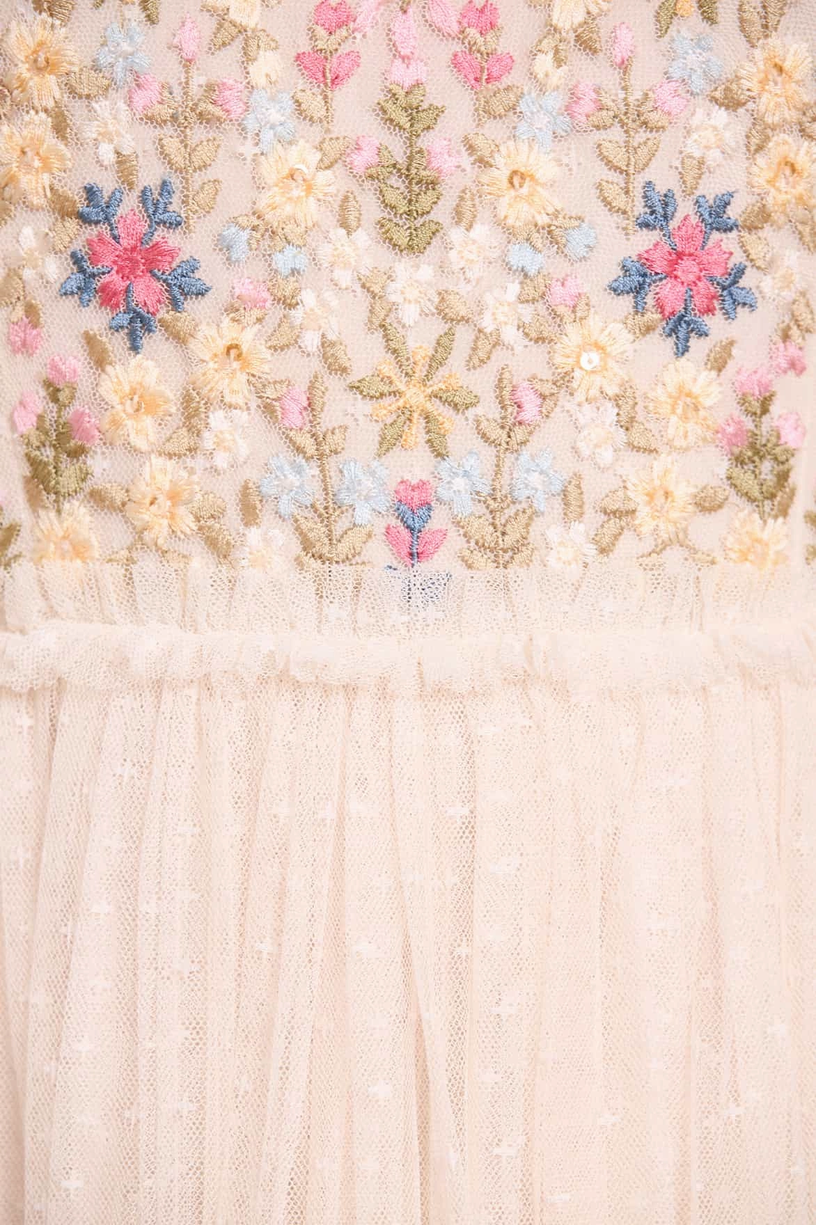 Flowerbed Embroidery Bodice Round Neck Ankle Gown Cozy Base