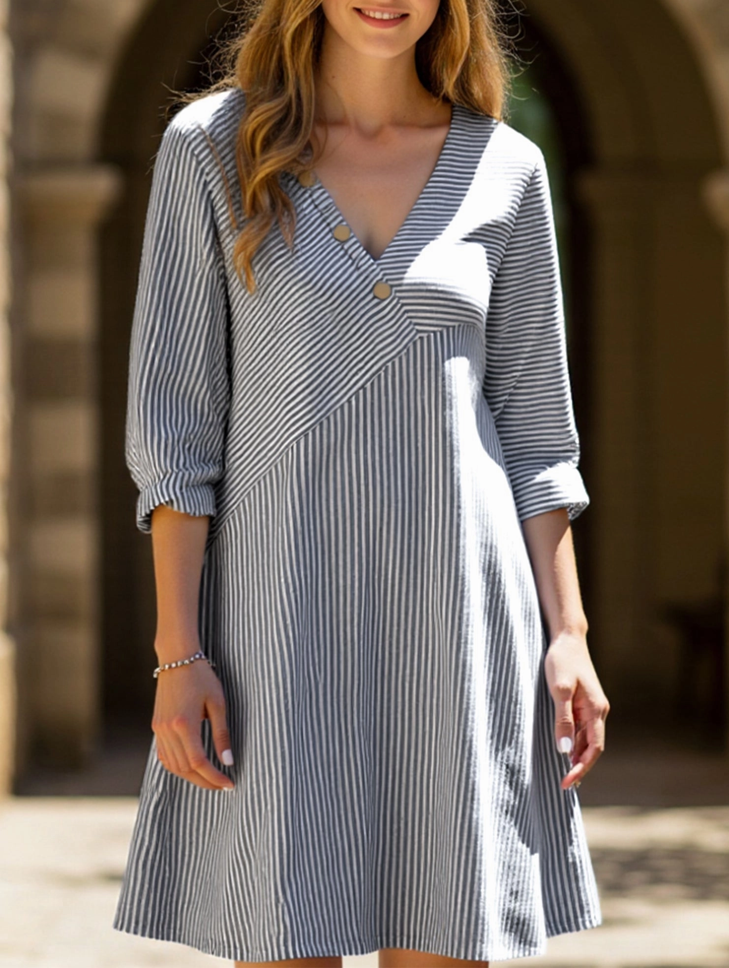 Striped V-neck casual dress Timeless Wearable
