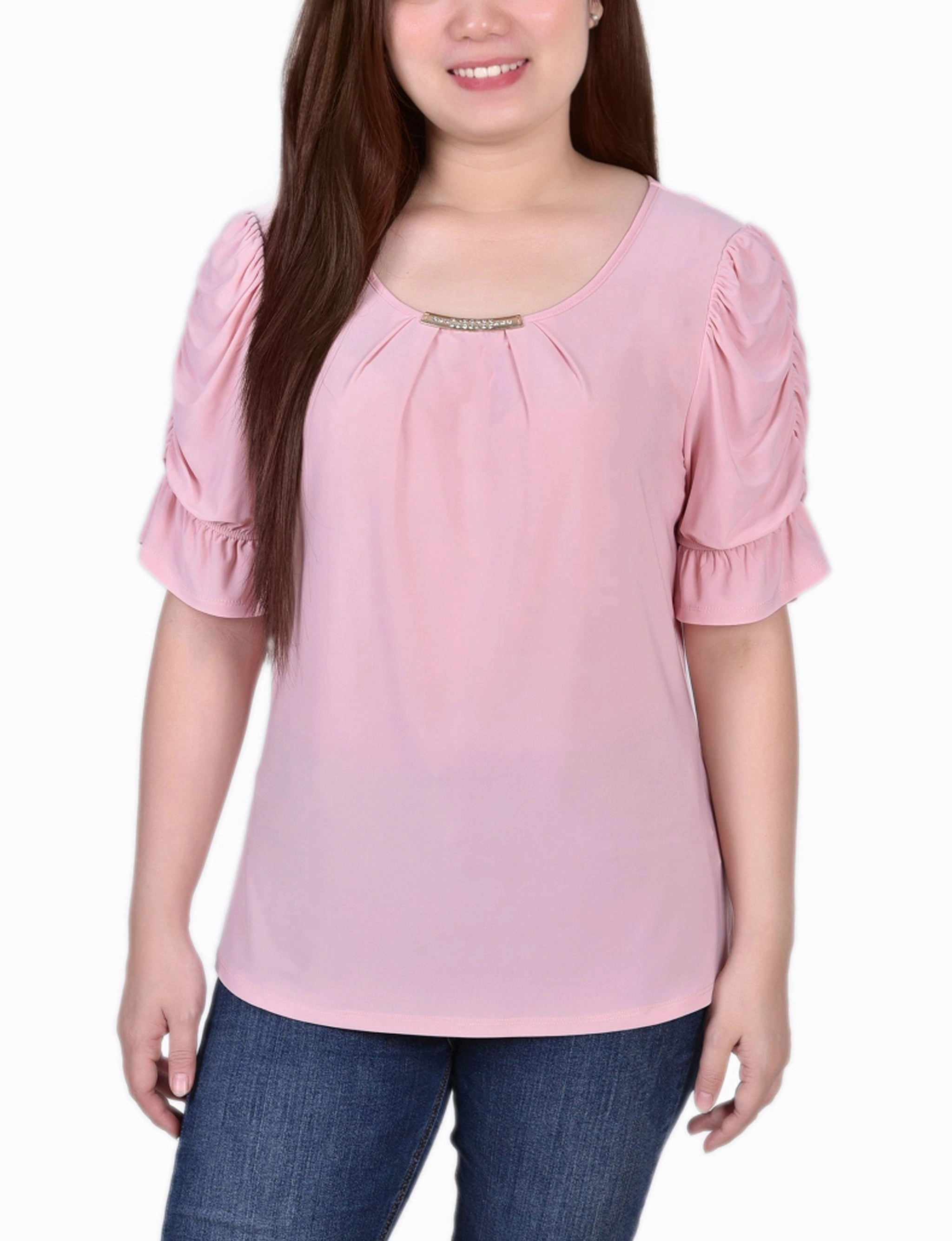 NonIrritating DoubleLayeredCollar Elbow Cuffed Sleeve Hardware Top