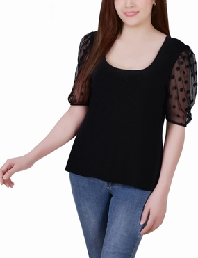 BreathableMeshPanels Water resistant coating Elbow Sleeve Crepe Top With Mesh Dotted Sleeves