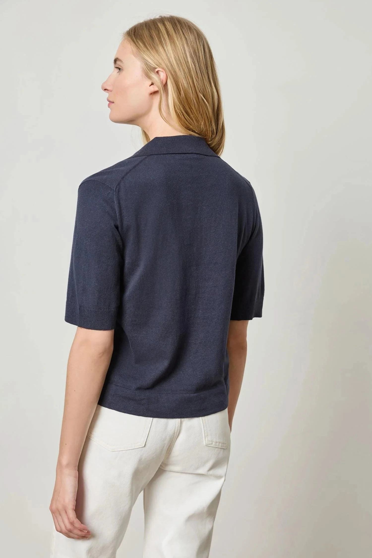Neutral Tone Palette Elbow Sleeve Polo Sweater Navy