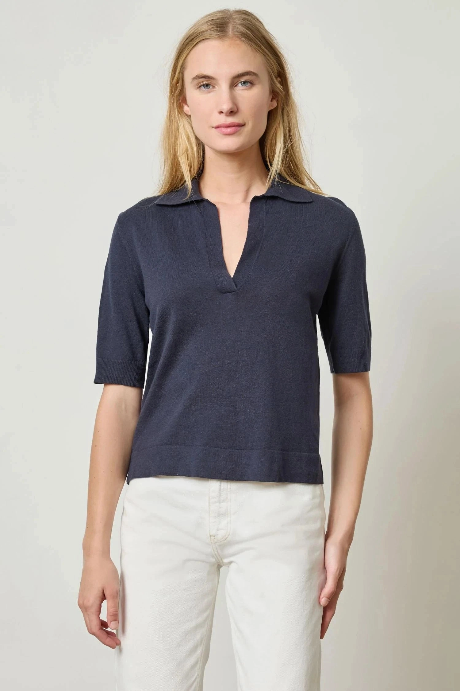 Elbow Sleeve Polo Sweater Navy SnagResistant Fabric