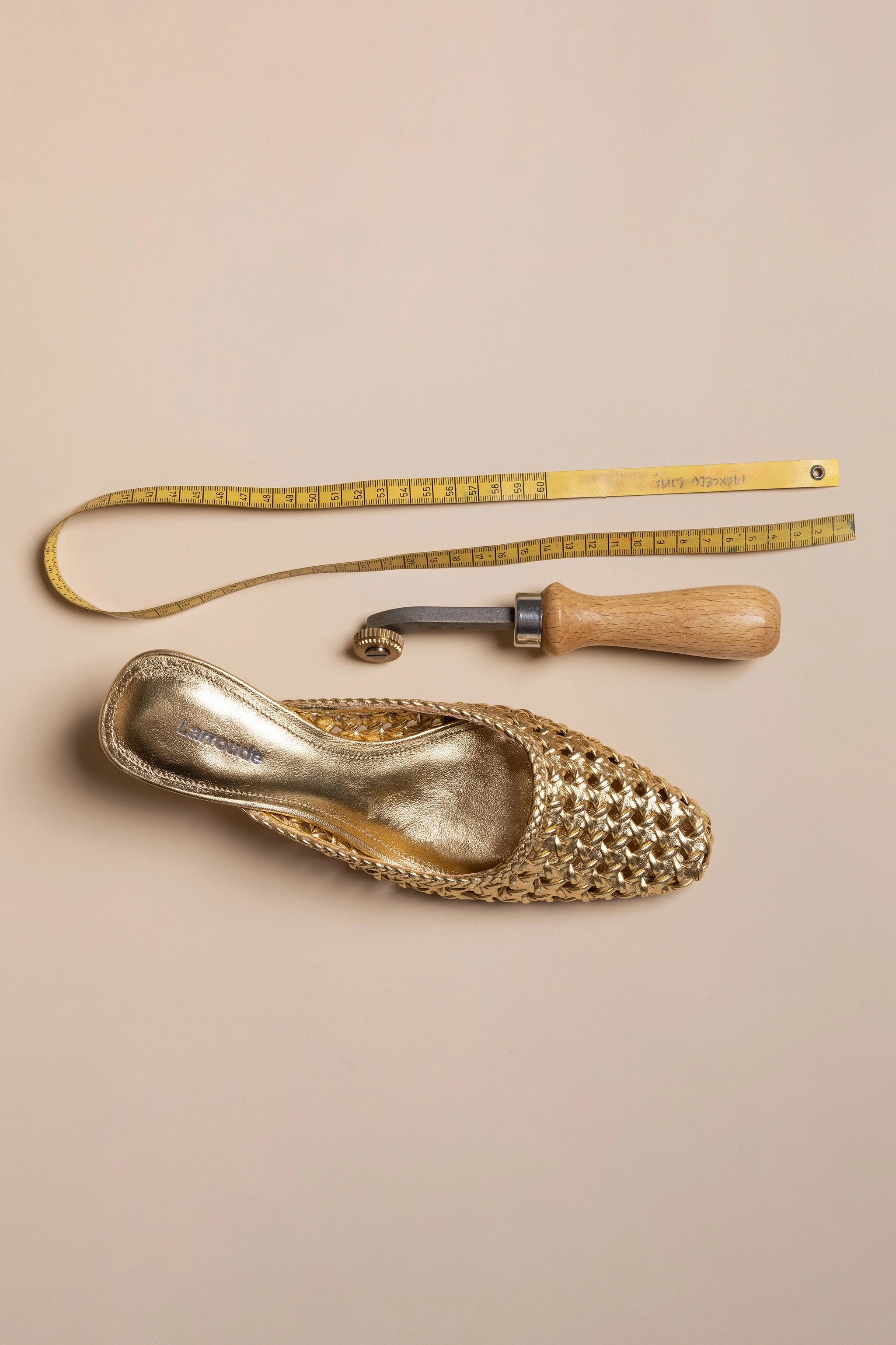 Amal Macrame Mule In Gold Metallic Leather Soft Collar Lining