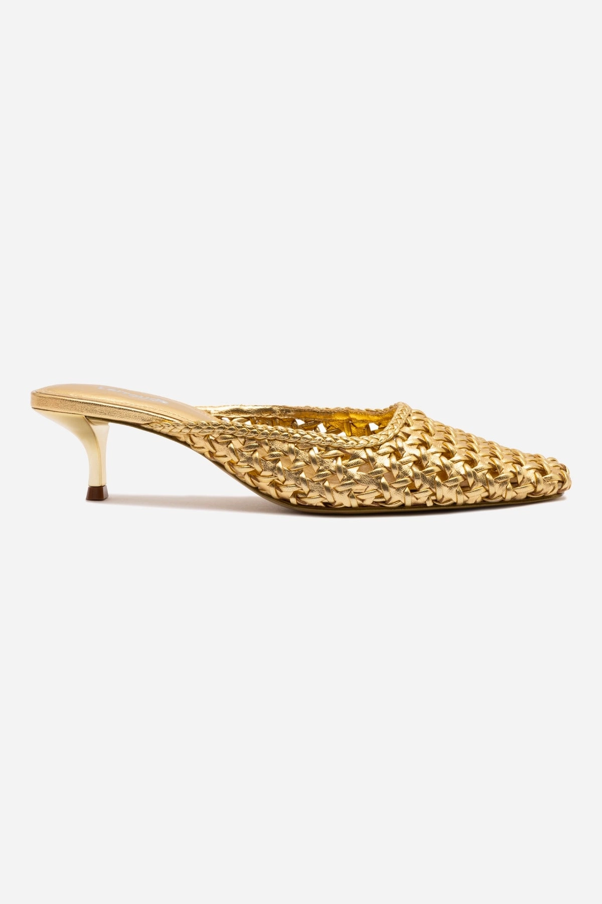 Airport Easy Joy Step Amal Macrame Mule In Gold Metallic Leather
