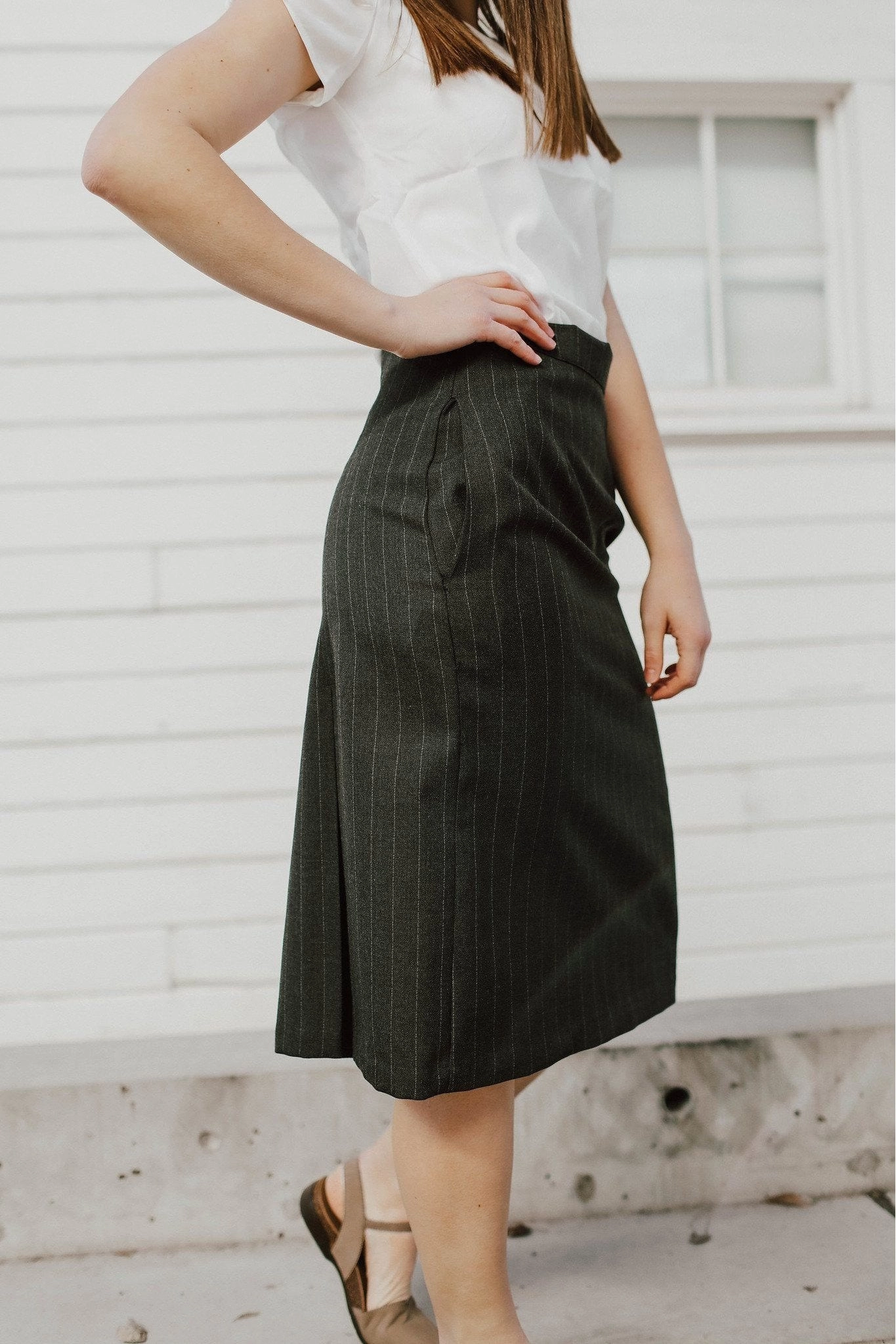 Anti Static Lining Classic Comfort Poly/Wool Allison Skirt Charcoal Pinstripe