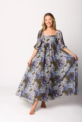 Hidden-Pocket Bloom Soft Mona Maxi Dress in Olive/Blue Floral - Bump Friendly - Restocking end of Sept