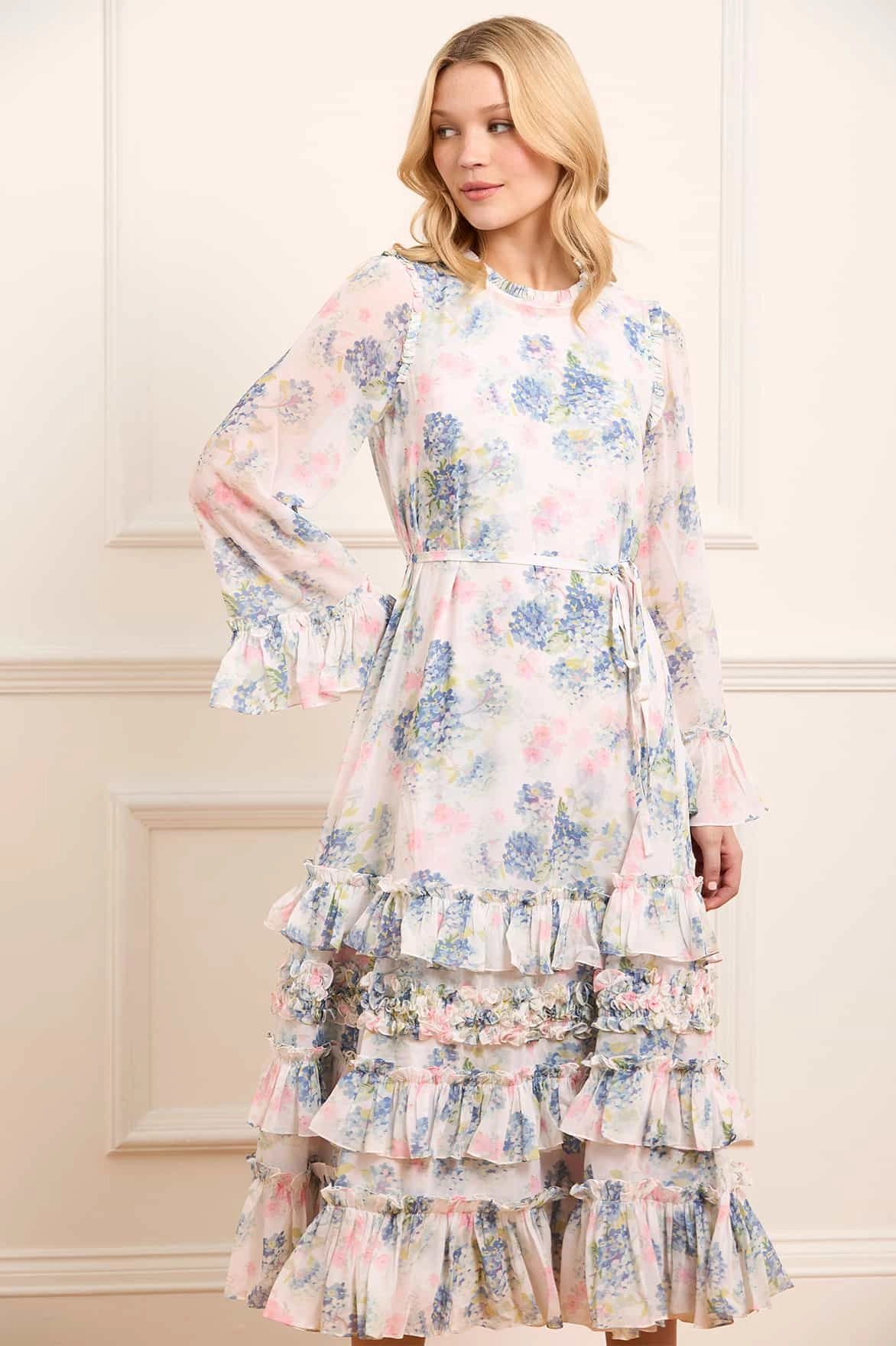 Chic Comfort Night Party Hydrangea Chiffon Round Neck Ankle Gown